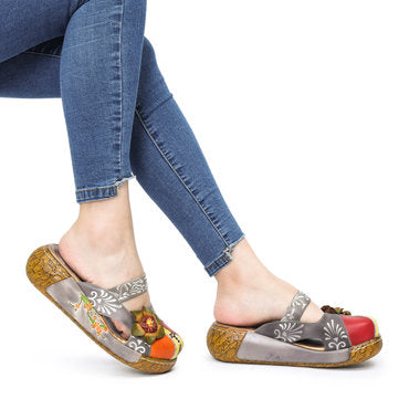Women Genuine Leather Flower Decoration Backless Colorful Hollow Out Wedge Sandals