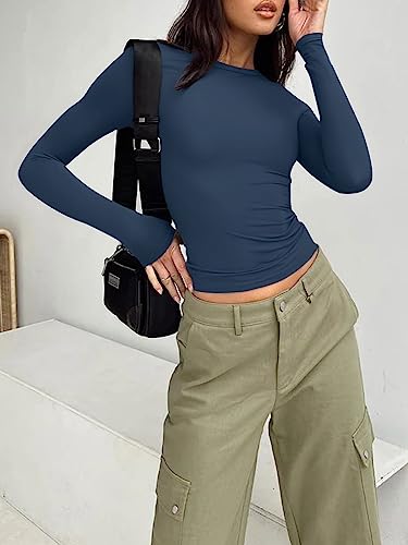 Trendy Queen Womens Fall Fashion Going Out Tops Y2K Tops Long Sleeve Crop Tops Outfits Workout Basic Tees Cute Slim Fit Shirts Aesthetic Clothes Teen Girls Blue Gray