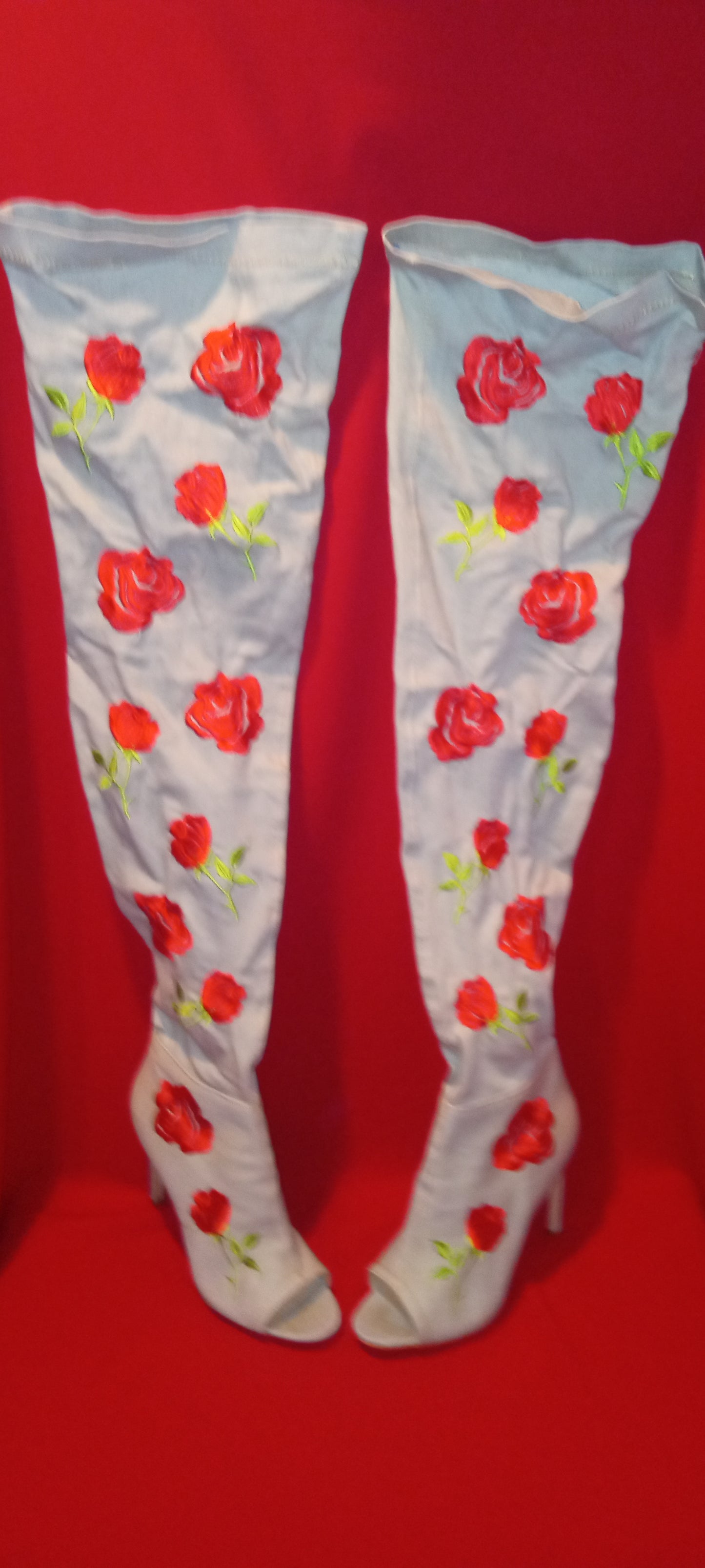 Shoes Woman midsize  Boots Blue Jeans with Red flowers Used