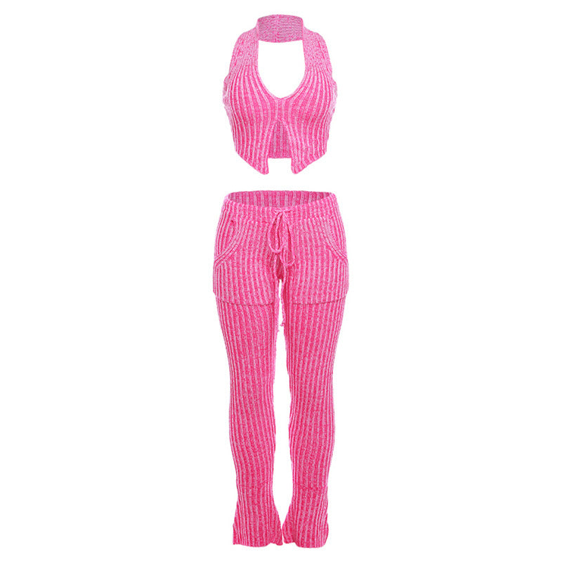 new fashion sexy knit low-cut hollow out midriff high waist pack hip slim-fit pants suit woman