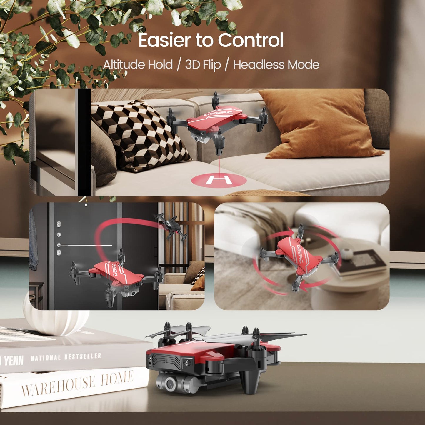 DEERC D20 Mini Drone con cámara para niños, juguetes de control remoto regalos para niños niñas con control de voz, selfie de gestos, retención de altitud, control de gravedad, inicio con una tecla, volteos 3D 2 baterías, 1 pieza, azul