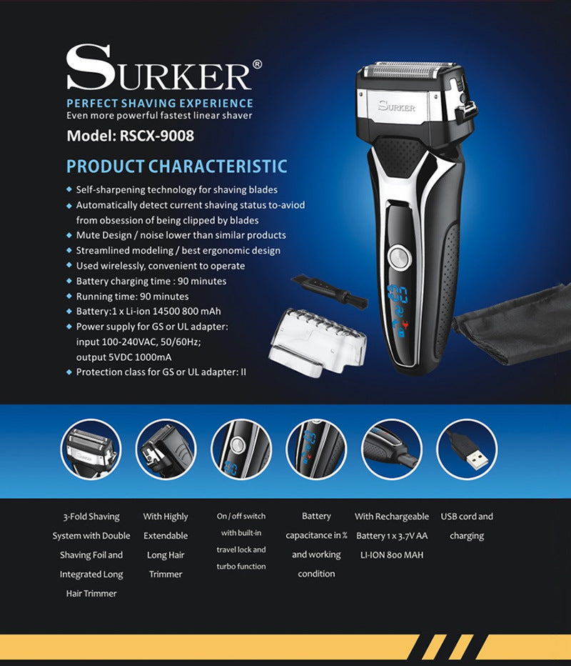 Afeitadora eléctrica profesional turboalimentada para hombres, cuchilla flotante 3D, maquinilla de afeitar recargable por USB en seco y húmedo, recortadora de barba LED de seguridad rápida