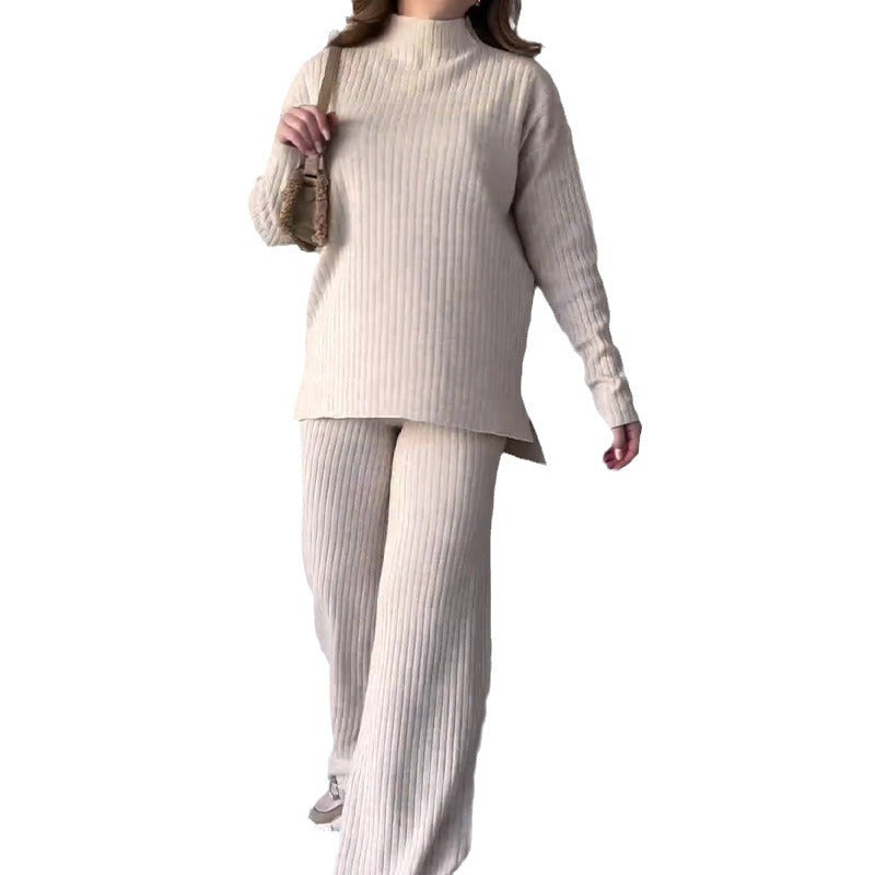 Autumn new fashion solid color crewneck casual sweater wide-leg pants two-piece set