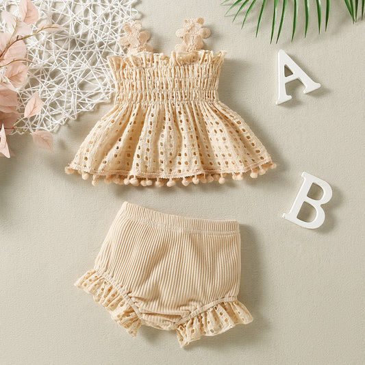 Cotton mesh high temperature dyed apricot lace hanging doll shirt ten shorts baby girls baby fashion two-piece set