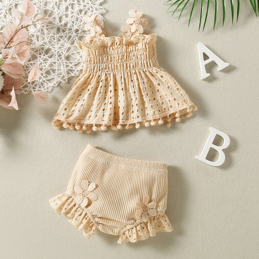 Cotton mesh high temperature dyed apricot lace hanging doll shirt ten shorts baby girls baby fashion two-piece set
