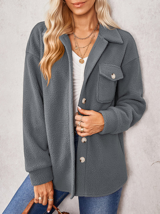 Abrigo suelto de felpa con solapa de moda de color liso para mujer 