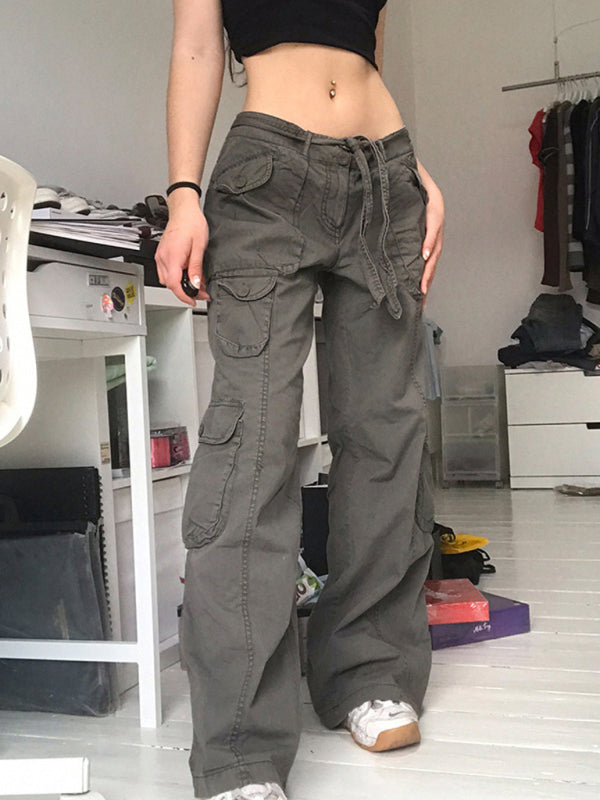 Multi-pocket work trousers low waist loose fitting casual denim trousers