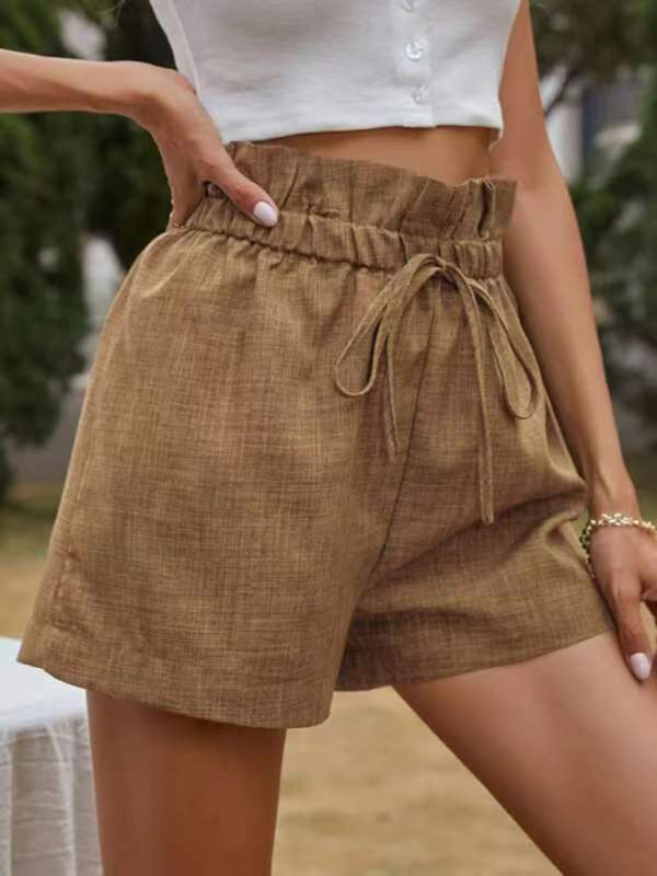 Pantalones cortos sin cordones con volantes y textura de color liso para mujer 