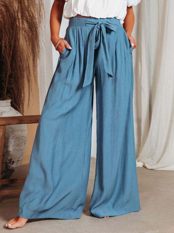 Pantalones de pierna ancha con nudo y cordón de color liso para mujer 